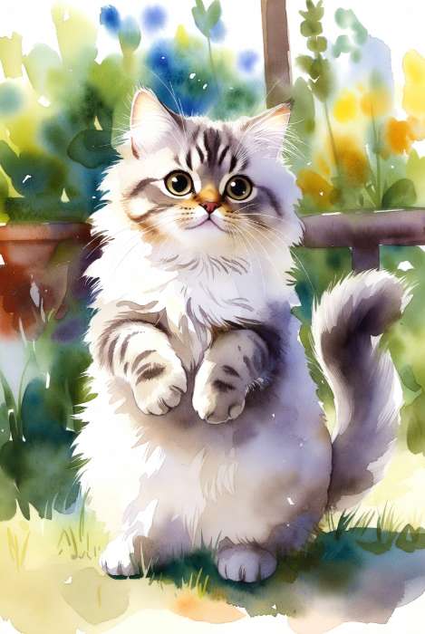 AI 生成的水彩猫咪画作