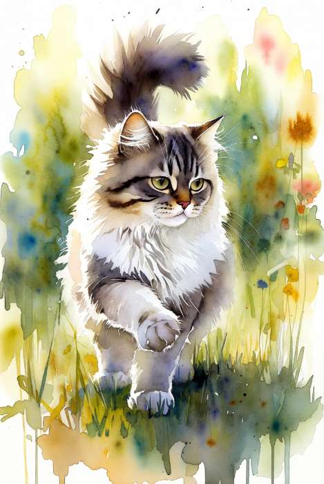 AI 生成的水彩猫咪画作