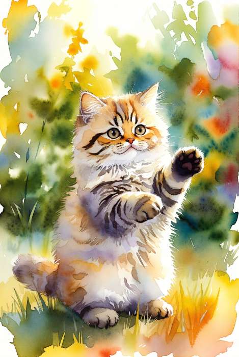 AI 生成的水彩猫咪画作